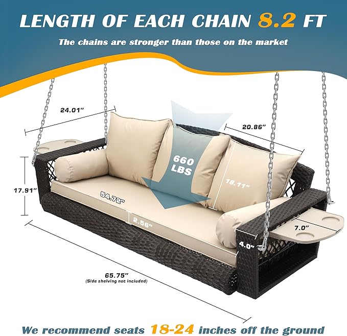 Outdoor Wicker Patio Porch Swing - 3 Person Swing Outdoor Hanging Porch Swing Seat Bench with Chains for Yard, Deck, Garden (Brown Rattan Khaki Cushion)