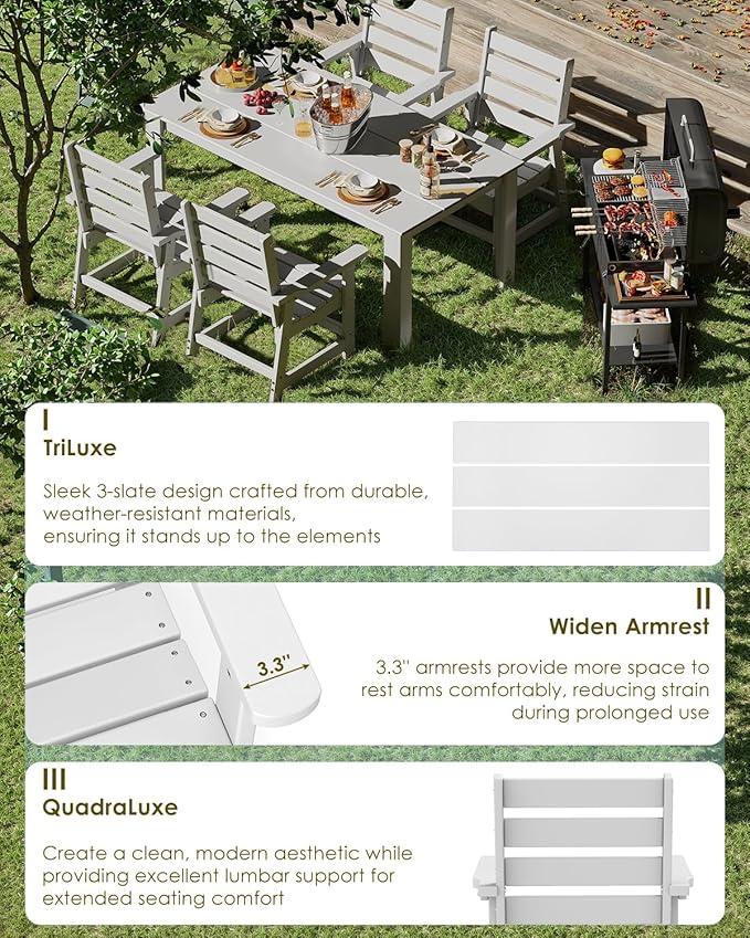 GREENVINES 7-Piece Outdoor Dining Set | HDPE | Patio Table and Chairs Sets for 6 | Patio Furniture | All Weather | Umbrella Hole | White | for Backyard Poolside Garden