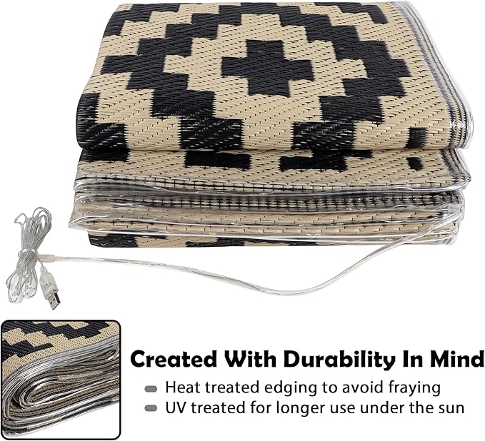 SAND MINE Reversible Mats with Led Strip Lights, Plastic Straw Rug, Modern Area Rug, Large Floor Mat for Outdoors, Patio, Backyard, Deck, Picnic, Camping, Black & Beige, 5' x 8'