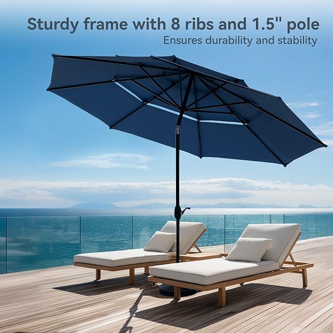 PHI VILLA 5 Pieces Outdoor Dining Set with Umbrella for 4, 37" Square Metal Steel Table & Stacking Wrought Iron Chairs & 3-Tier Blue Umbrella, Outside Furniture Set for Patio, Deck, Porch, Backyard