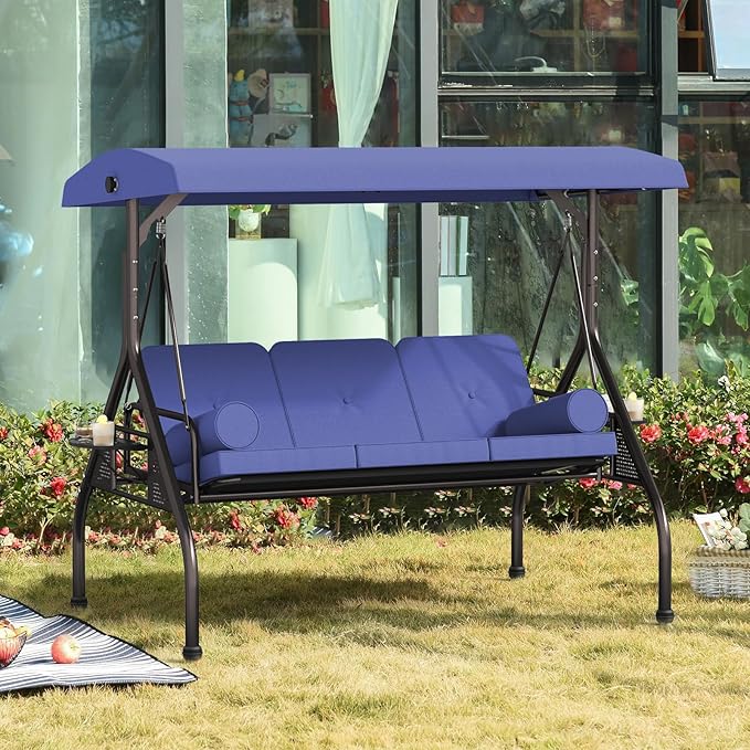 Oakcloud 3-Seat Outdoor Porch Swing with Adjustable Canopy, Large Converting Swing Chair, Patio Swing Glider with Pillows & Thick Cushions for Poolside Balcony Backyard (Blue)