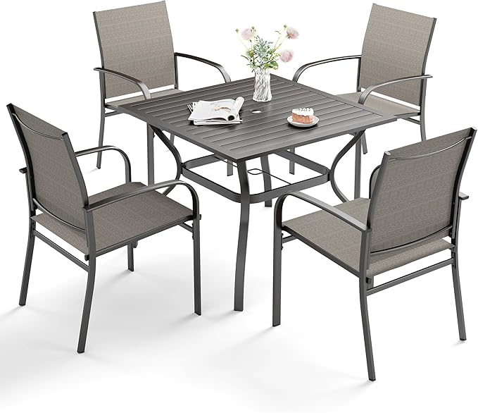 5 Piece Patio Dining Set for 4, 37”x37” Square Table with Umbrella Hole, 4 Metal Brown Chairs, Outdoor Table and Chairs Set for Lawn Backyard and Deck