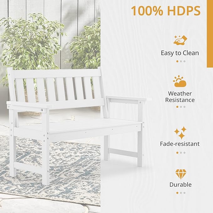 LUE BONA Outdoor Bench, 2-Person HDPS Garden Bench, Outdoor Benches Weatherproof, All-Weather Fade/Rot Resistant Patio Bench for Park, Front Porch, Backyard (White)