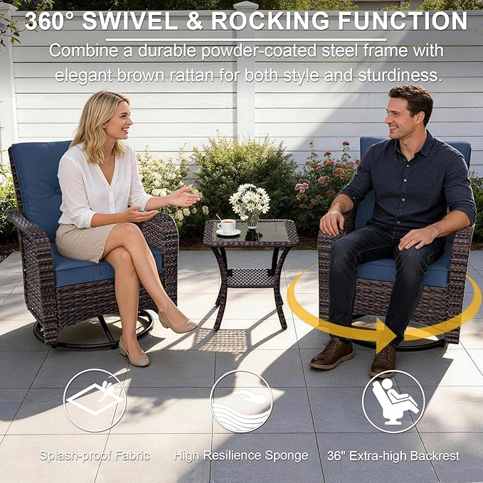 ALAULM Patio Furniture Set with 2 Swivel Chairs, Outdoor Sectional with 55000 BTU Fire Pit Table and Wide Seat, 11 Pieces Wicker Rattan Conversation Set with Coffee Table for Garden, Deck, NavyBlue