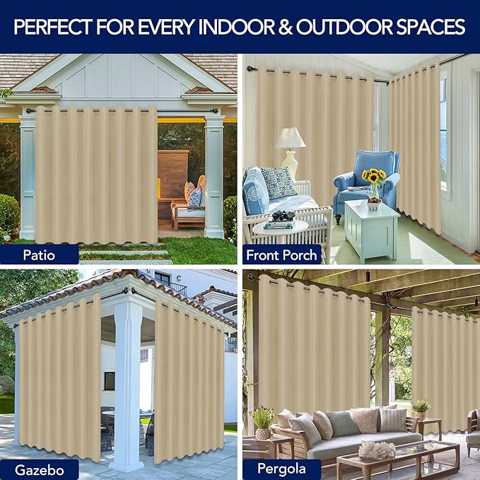 PureFit Outdoor Curtains for Patio Waterproof Weatherproof, UV Resistant Outside Curtains for Gazebo, Front Porch, Pergola, Sun Blocking Privacy Curtain, 120W x 95L inch, 1 Panel, Beige
