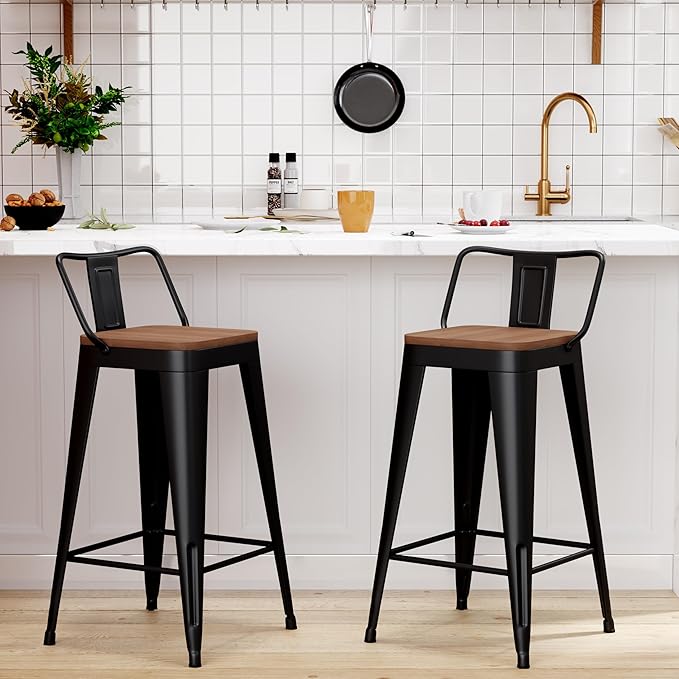 WENTMENT Metal Bar Stools Set of 2 Counter Height Barstools with Removable Back 26" Kitchen Bar Stools with Wooden Seat, Black