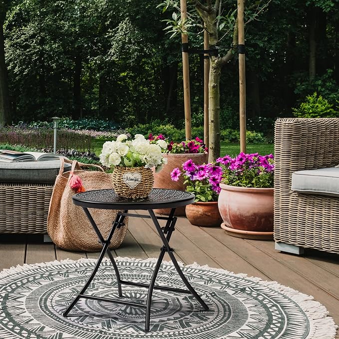 TeoKJ Folding Outdoor Side Tables, Anti Rust Small Patio Table Round Metal Nightstand with Flower Cutouts for Porch Yard Balcony Deck Lawn, Set of 2, Black