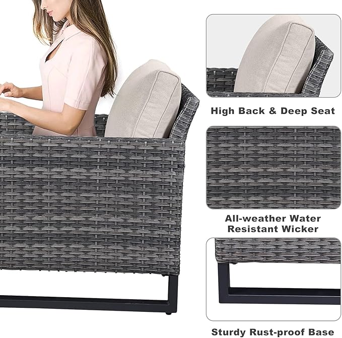 Patio Sectional Furniture Set with Fire Pit Table: 10 Pieces Wicker Patio Conversation Set with L Shaped Sofa, Outdoor Swivel Glider Rocker, Rattan Club Chairs, Ottomans, Removable Cushions Beige