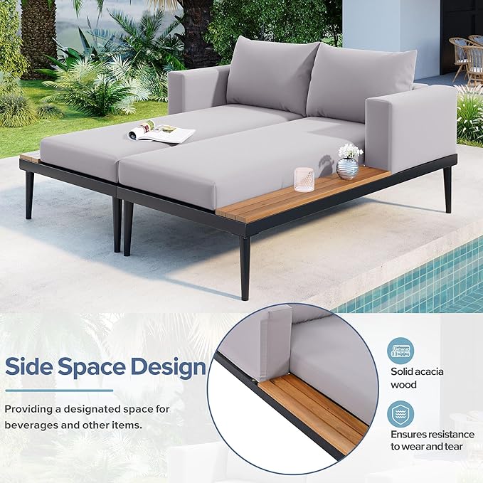Outdoor Double Metal Daybed, with Wood Topped Side for Drinks, 2 in 1 Padded Sun Lounger with Cushions & Pillows, Patio Chaise Lounge Chair for Poolside Lawn Garden, Gray