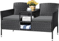 Devoko Outdoor Patio Loveseat Modern Rattan 2-Seat Patio Conversation Set with Cushions & Built-in Coffee Table Porch Furniture for Garden Lawn Backyard (Grey)