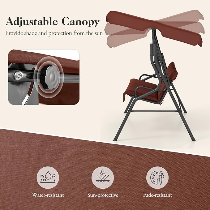 Porch Swing Outdoor, 3 Person Patio Swing w/Removable Cushion, Stand & Adjustable Canopy, Heavy Duty Swing Chair for Patio, Garden, Courtyard, Poolside