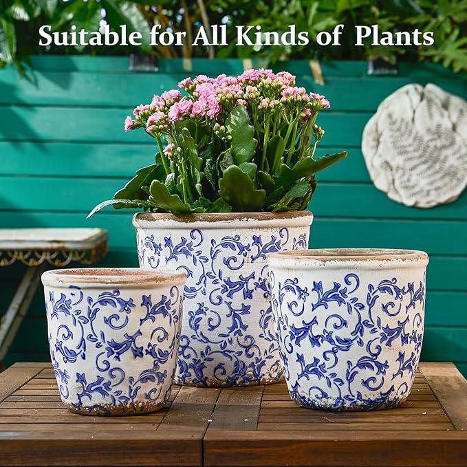 Vintage Ceramic Planter Without Drainage Hole, 6.5 Inch - Indoor/Outdoor Flower Pot for Orchids, Succulents, Blue Floral Rustic Farmhouse Plant Pot for Home, Office & Garden Décor, Ideal Gift