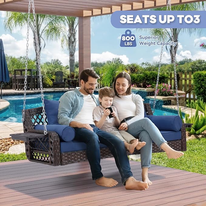 3 Seat Porch Swing, Wicker Patio Swing with Cup Holders & 3 Back Cushions, Yard Swing with Chains for Deck Garden Backyard,Brown Seagrass Rattan, Blue Cushion, 56-inch