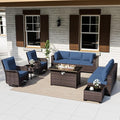 ALAULM Patio Furniture Set with 2 Swivel Chairs, Outdoor Sectional with 55000 BTU Fire Pit Table and Wide Seat, 11 Pieces Wicker Rattan Conversation Set with Coffee Table for Garden, Deck, NavyBlue
