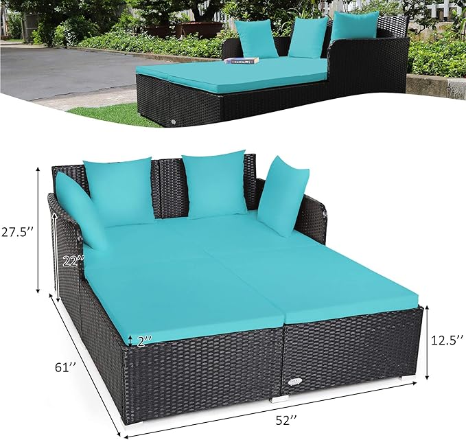 COSTWAY Outdoor Patio Rattan Daybed, Sponge Cushioned Loveseat Sofa with 4 Pillows, Wicker Furniture Sunbed for Balcony, Courtyard (Turquoise)