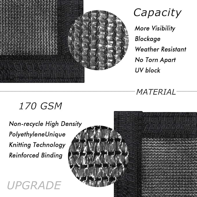 UPGRADE Privacy Fence Screen 5'x77' Black Outdoor 90% Visibility Blockage 170 GSM Mesh Shade Cover Panels for Backyard,Balcony,Home Decoration with Zip Ties,Customized Avaliable