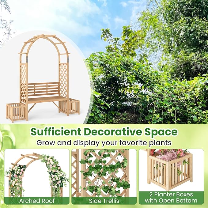 Giantex Outdoor Bench with Garden Arch & Planters, Wooden Pergola Archway, Outdoor Trellis for Climbing Plants, Patio Decorative Arbor Arch for Backyard Lawn (Arched,Natural,73"x22"x80")