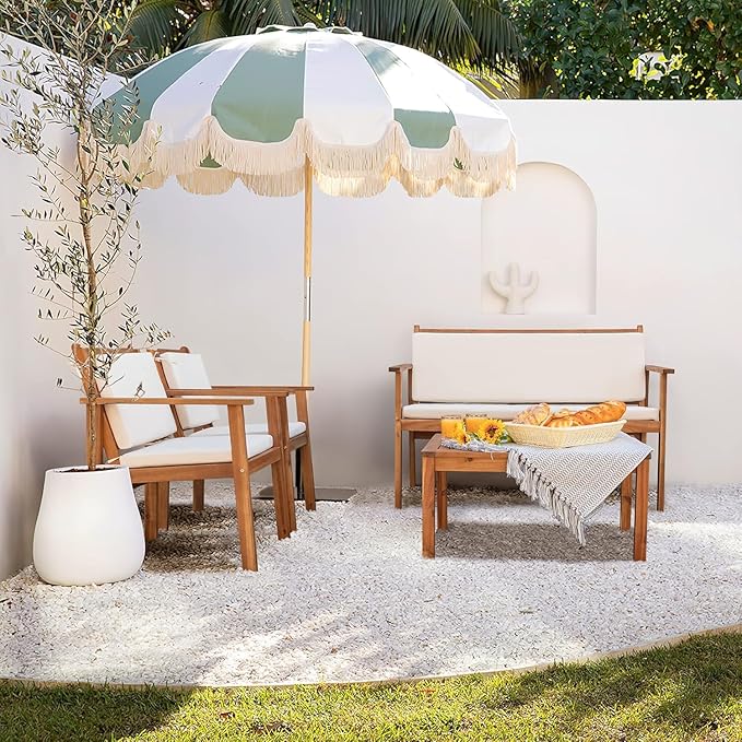 Devoko Patio Furniture 4 Piece Acacia Wood Outdoor Conversation Sofa Set with Table & Cushions Porch Chairs for Garden, Deck, Backyard, Natural