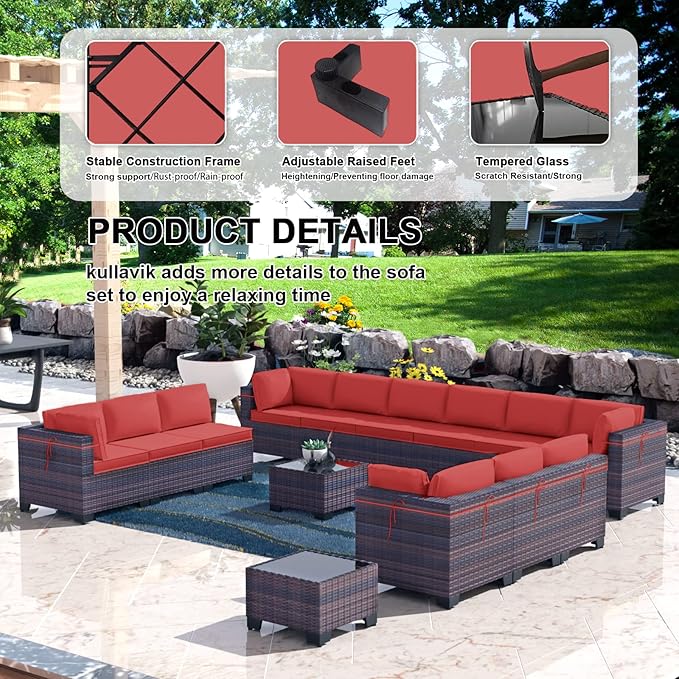 Kullavik 14 Pieces Outdoor Patio Furniture Set,Sectional Rattan Sofa Set Brown PE Rattan Wicker Patio Conversation Set with Tempered Glass Coffee Tables and Washable Cushions Covers,Red