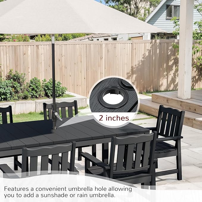 Stoog 7 Pieces Patio Dining Sets, All-Weather HIPS Material & Aluminum Frame Dining Table with 2" Umbrella Hole, Outdoor Dining Table Set for 6, Never Rot or Fade, Black