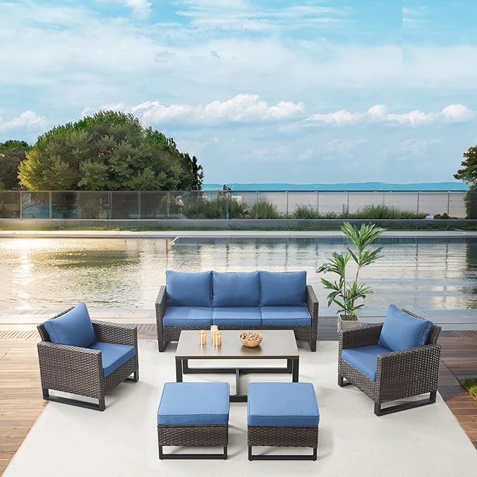 Belord 6 Piece Outdoor Furniture Patio Wicker Sofa Set, Oversize Outdoor Dining Chairs with Rattan Ottomans, Conversation Sets Patio Furniture Come with Removable Washable Cushion Blue, Brown
