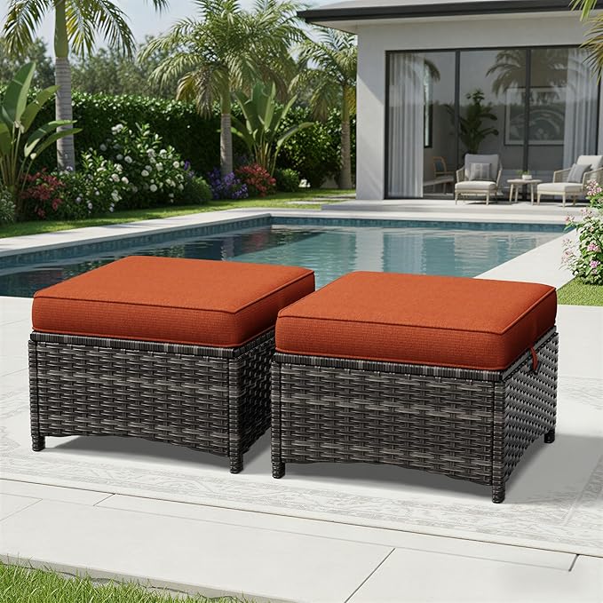 Joyside Outdoor Ottoman Set of 2, Patio Large Ottoman Foot Rest with Thickened Cushions, Outdoor Wicker Foot Stool for Porch, Deck Use