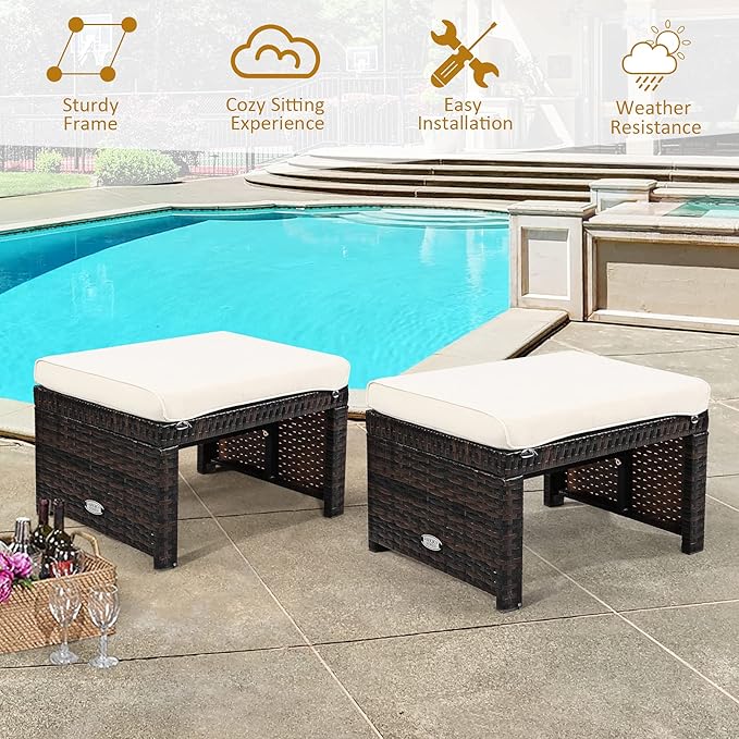 Tangkula 2 Pieces Patio Rattan Ottomans, All Weather Outdoor Footstool Footrest Seat with Soft Cushion, Hidden Zipper, High-Density Sponge, Wicker Ottoman Seat for Patio, Garden, Poolside (White)