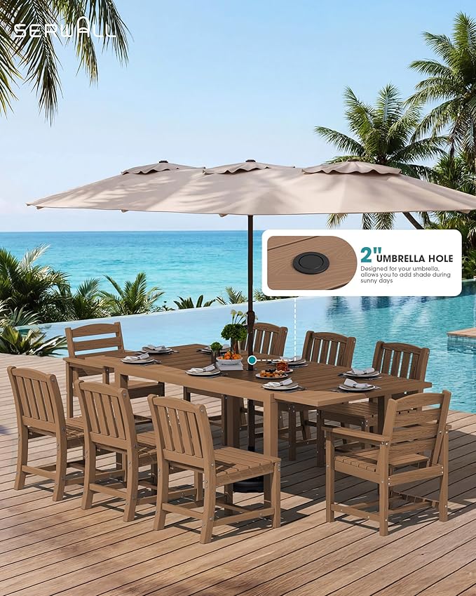 SERWALL 11-Piece Outdoor Dining Set, 60" - 83" Expandable Outdoor Dining Table and 10 HDPE Chairs, All Weather HDPE Outdoor Furniture Set for Backyard, Garden, Brown