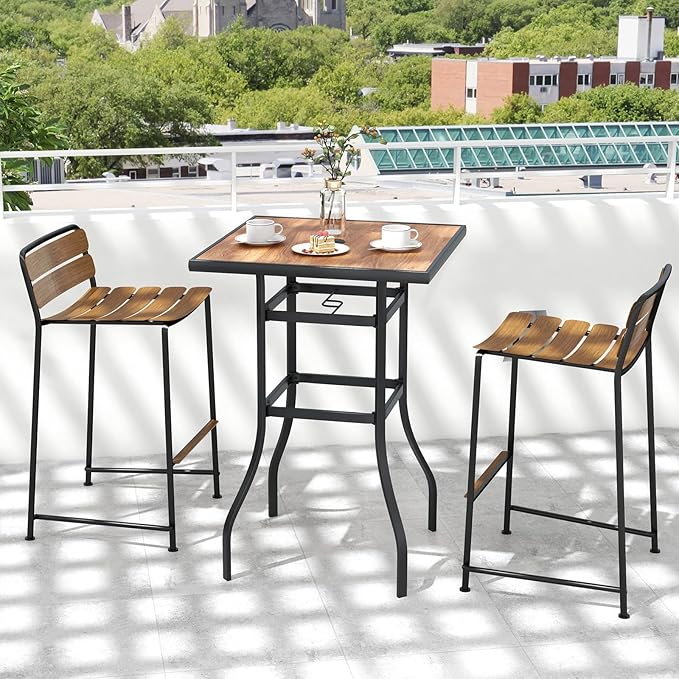 Tangkula 27.5 Inch Patio Bar Table, Outdoor Bar Height Table with 1.5" Umbrella Hole, Wooden-Like Tabletop & Heavy-Duty Metal Frame, Square Bistro High Top Table for Backyard, Balcony, Poolside