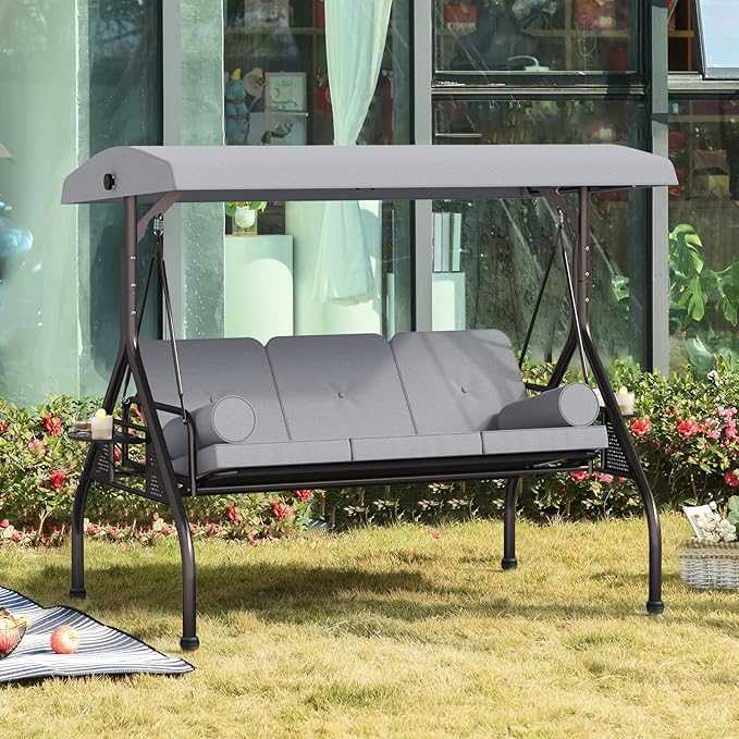 Oakcloud 3-Seat Outdoor Porch Swing with Adjustable Canopy, Large Converting Swing Chair, Patio Swing Glider with Pillows & Thick Cushions for Poolside Balcony Backyard (Grey)