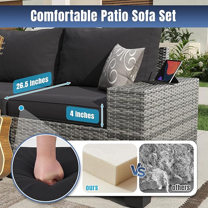 Aoxun 6 Pieces Patio Furniture Set Wicker Rattan Outdoor Sectional Conversation Set with Coffee Table and 4” Thickened Cushions, Gray Black (Waterproof Cover Included)