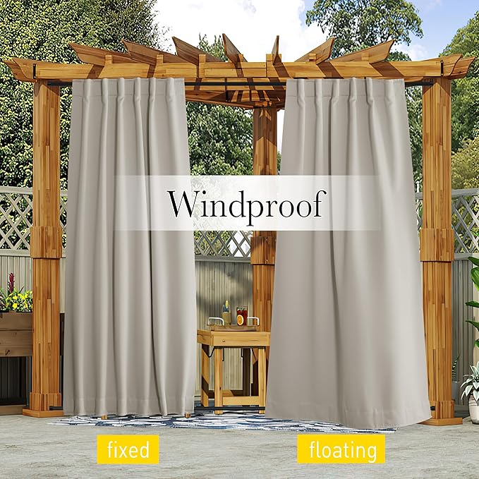 NICETOWN 2 Panels Fixed Outdoor Curtains for Patio Waterproof, Top & Bottom Pocket & Back Tab Windproof Thermal Cold & Heat Block Blackout Outdoor Drapes for Porch/Gazebo, W52 x L84, Natural