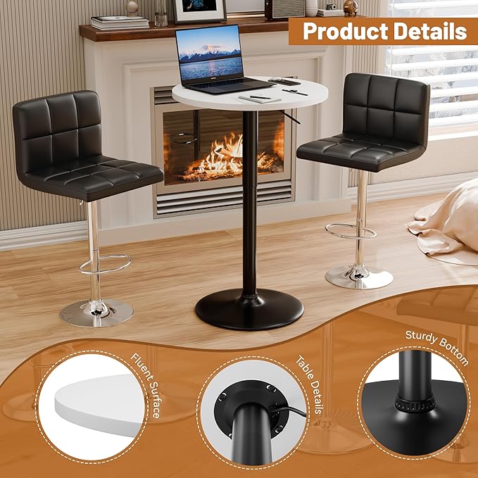 Flamaker Round Bistro Pub Table 23.6 Inch Height Adjustable 360° Swivel Bar Table Metal Base for Pub, Dining Room, Party (2, White-Black)