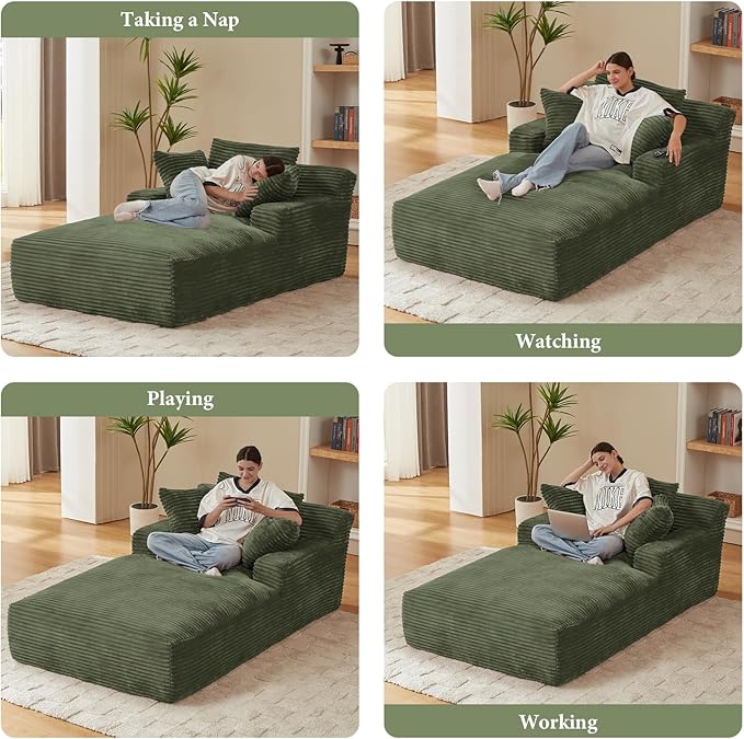 78.7" Chaise Lounge Chair Indoor, Oversized Boneless Couch Comfy Upholstered Sleeper Sofa Bed with 3 Pillows, Corduroy Cloud Reading Chair for Living Room No Assembly Required, Green
