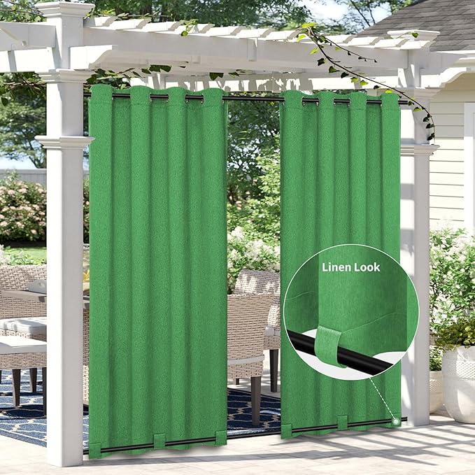 Easy-Going Linen Look Outdoor Curtains Waterproof Windproof Porch Curtains, Soft Thicken Outdoor Privacy Curtains for Patio, Gazebo, Grommet Top and Tab Bottom Drape, 1 Panel, 54x84 inch, Green