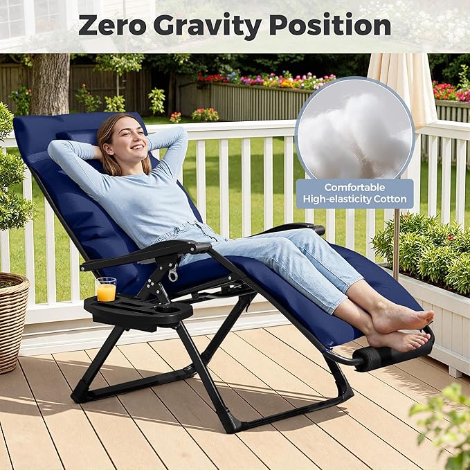Homall Oversized Zero Gravity Chair, 32In Recliner Lounge Chair with Removable Soft Cushion and Cup Holder, Adjustable Anti Gravity Chair Folding Patio Chairs Padded for Indoor and Outdoor, Blue