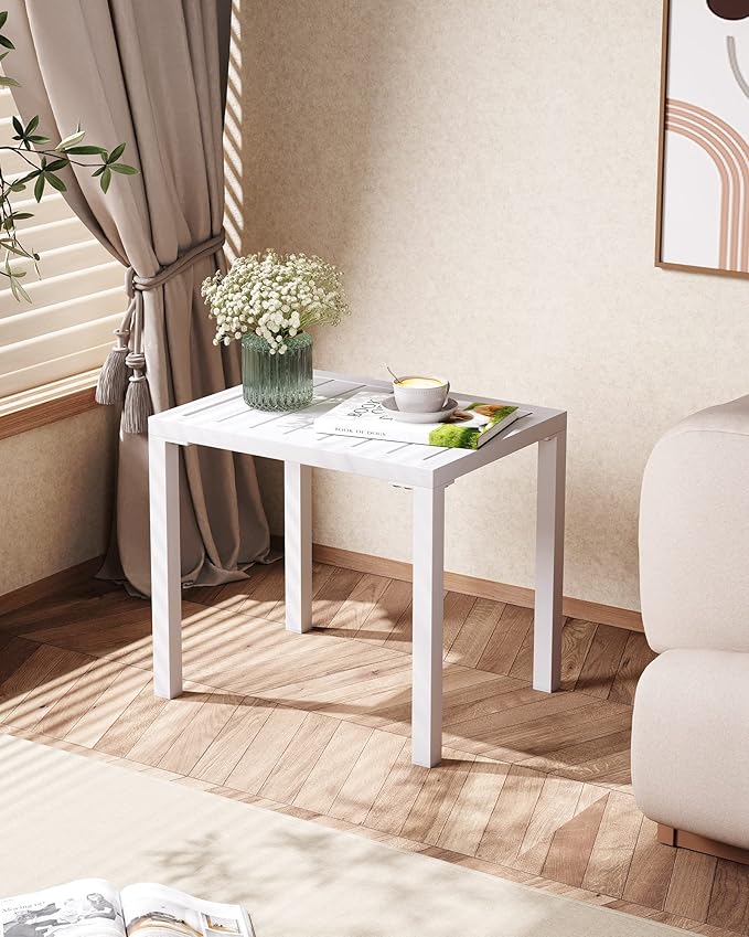 Crestlive Products Aluminum Outdoor Side Table,White Rectangular End Table,Easy Assembly Small Coffee Bistro Table for Patio Pool Balcony