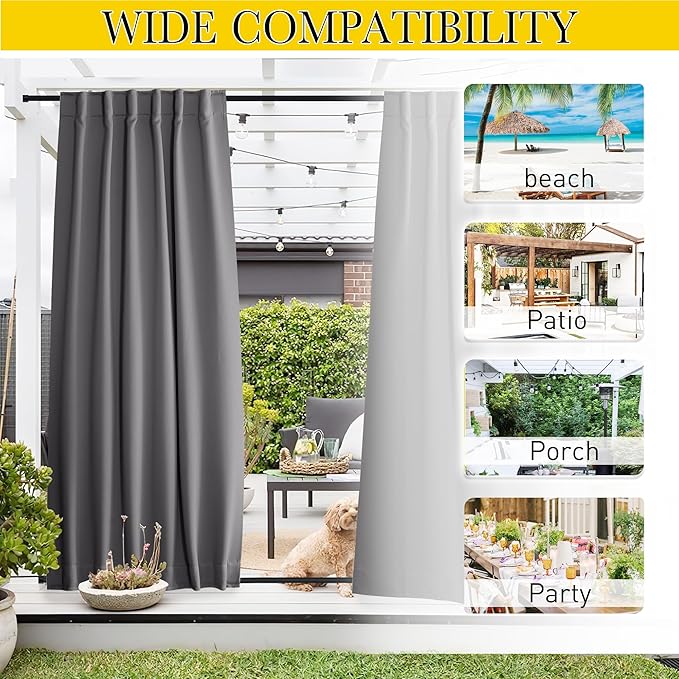 NICETOWN 2 Panels Outdoor Curtains Waterproof Pocket & Back Tab on Top & Bottom, Thermal Insulated Windproof Sun Blocking Outside Privacy Drapes for Patio with Fixed Rope, W84 x L95, Grey