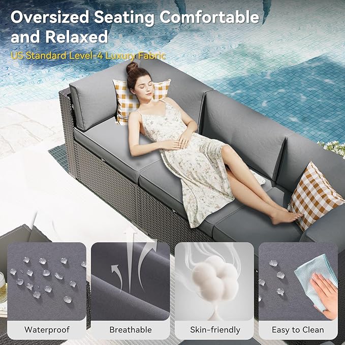 Aoxun Patio Furniture Set, 11 Piece Outdoor Sectional Sofas with Waterproof Cover, 10 Seats Wicker Rattan Outdoor Furniture Patio Conversation Set for Backyard, Garden Light Grey