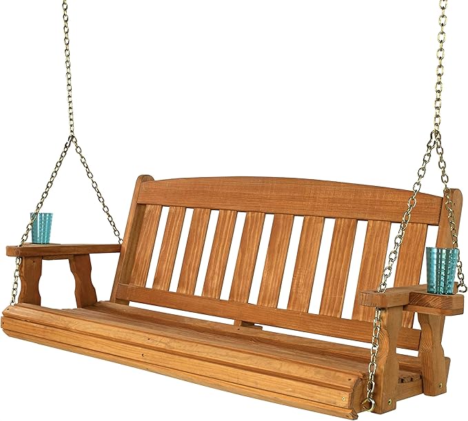 Amish Casual Heavy Duty 800 Lb Mission Treated Porch Swing with Hanging Chains and Cupholders (5 Foot, Cedar Stain)