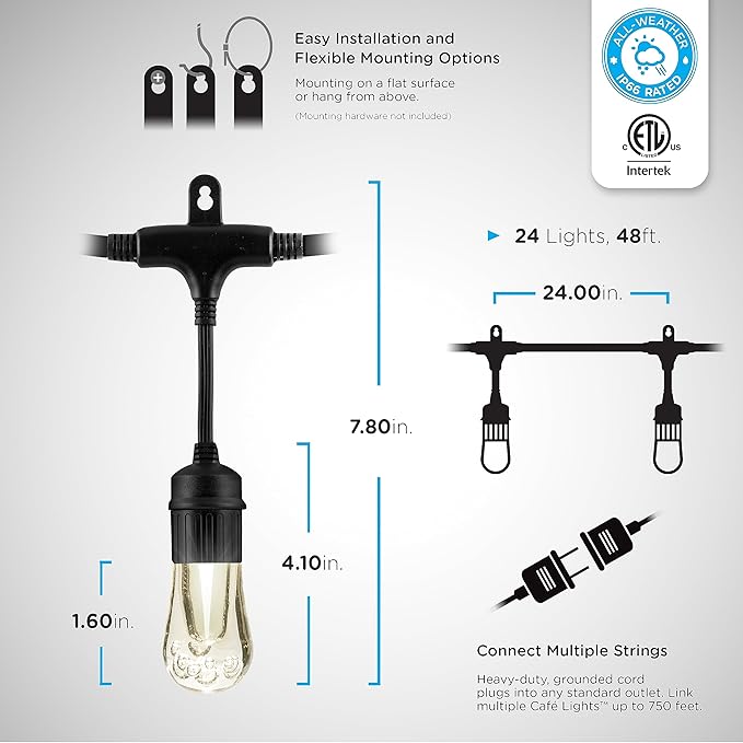 Enbrighten Vintage Outdoor String Lights, 48ft, 24 RGB Acrylic Bulbs, Weatherproof, RF Remote Control, Perfect for Holidays, Gameday, Parties, and More, 37790