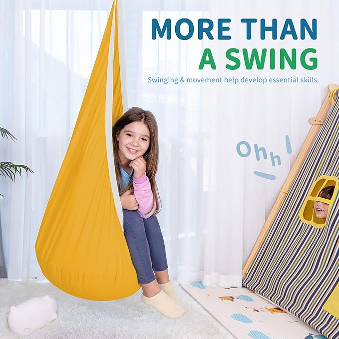 OUTREE Kids Pod Swing Seat, Cotton Child Hammock Swing Chair, Sensory Swing for Indoor and Outdoor Use, Yellow and White