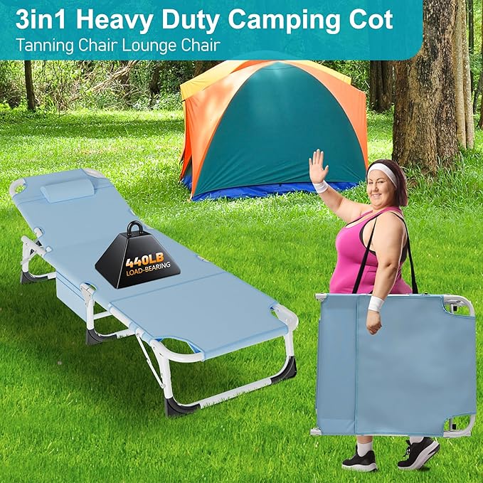 ABORON Heavy Duty Tanning Chair, Outdoor 5-Position Folding Chaise Lounge Chair with Pad, Portable Beach Lounge Chair for Outdoor Sunbathing Patio Pool Lawn Deck Poolside