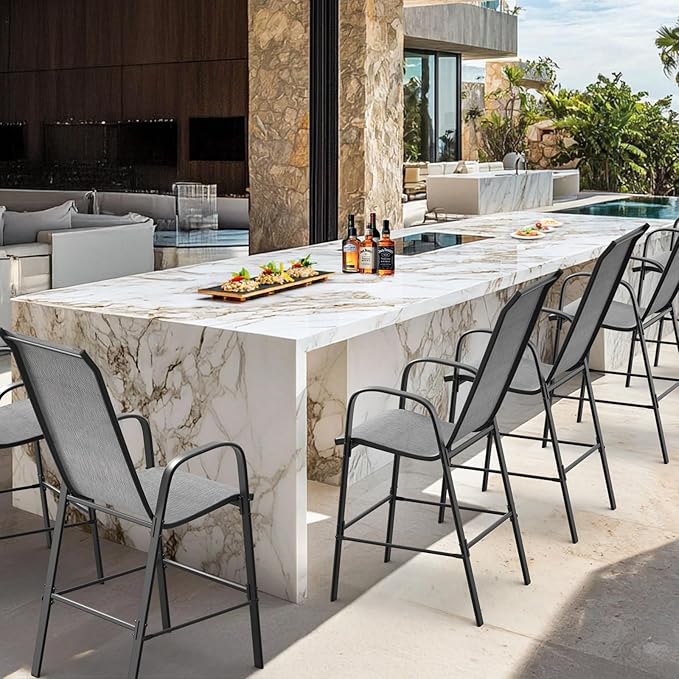 VINGLI Set of 6 Stackable Outdoor Bar Stools – Sling Chairs with High Back & Armrests, for Lawn, Garden, Bar, Grey