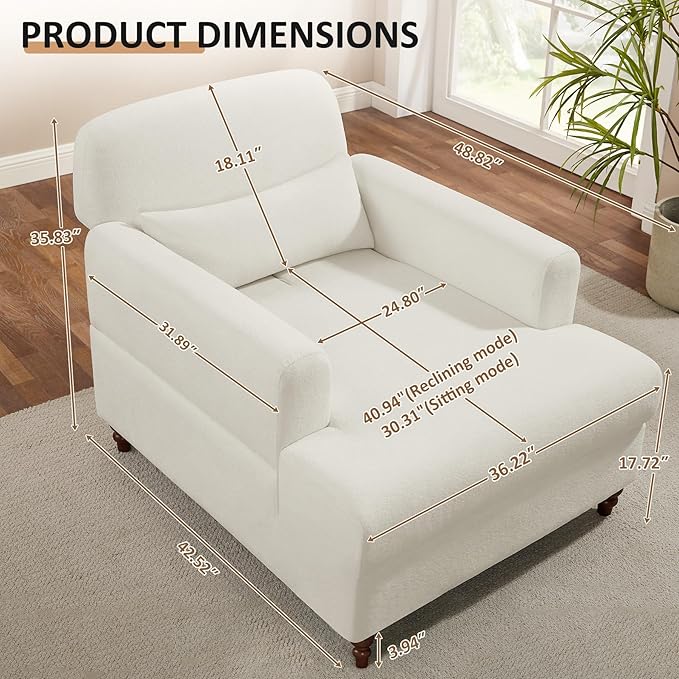 Oversized Chaise Lounge Accent Chair, Cloud Fluffy Chaise Sofa Recliner with Adjustable Backrest, Comfy Upholstered Sleeper Couch Bed, Modern Deep Seat Reading Armchair for Living Room, Movie, Bedroom