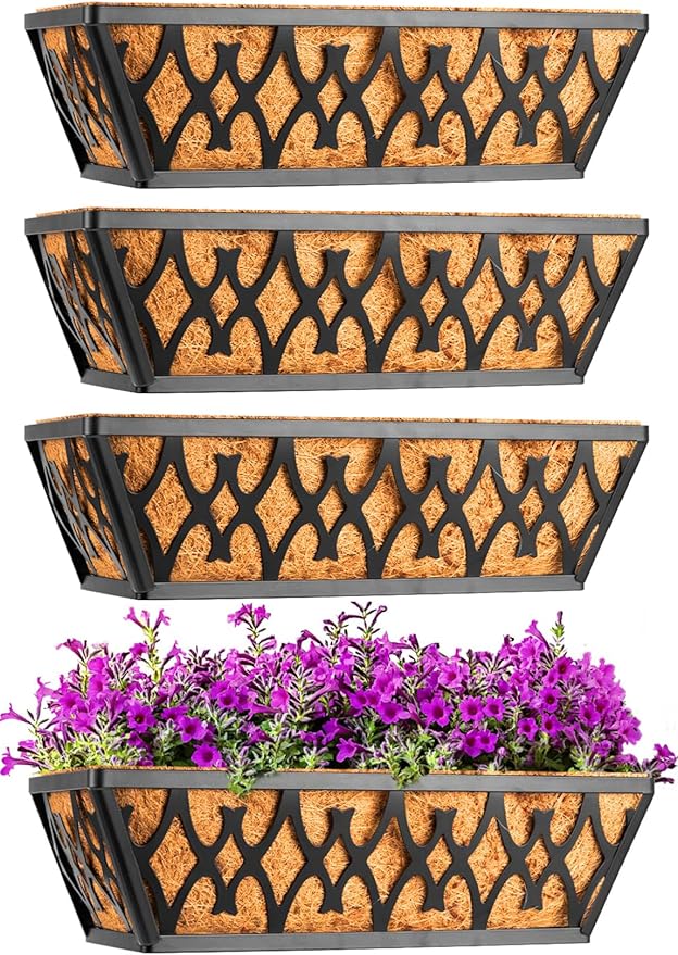 2 Pack 16 Inch Window Boxes Planters Railing Planter Box with Coco Liners Deck Railing Planter Boxes Balcony Hanging Flower Box for Outdoor Plants Garden Decor