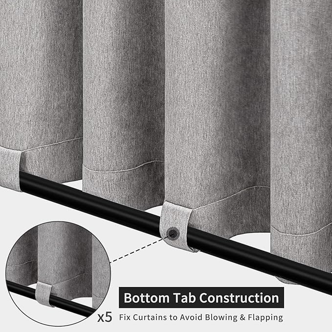 Easy-Going Linen Look Outdoor Curtains Waterproof Windproof Porch Curtains, Soft Thicken Outdoor Privacy Curtains for Patio, Gazebo, Grommet Top and Tab Bottom Drape, 1 Panel, 110x108 inch, Grey