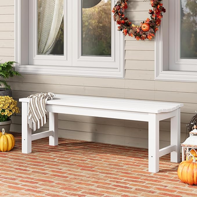 Outdoor Bench Set of 2, 2-Person Patio Backless Benches, HIPS Weatherproof Garden Bench That Never Rot and Fade, Suit for Backyard, Church, Patio, Deck and Entryway (White)
