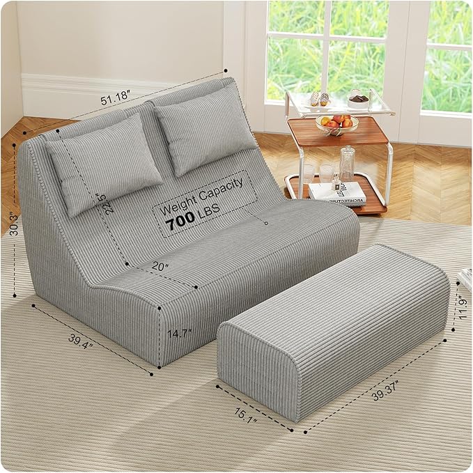 Giant Bean Bag Chair for Adults - Indoor Chaise Lounge with Pillows & Ottomans, Upholstered Loveseat Floor Sofa Chair for Reading, Gaming, Napping, and Movies (Gray)