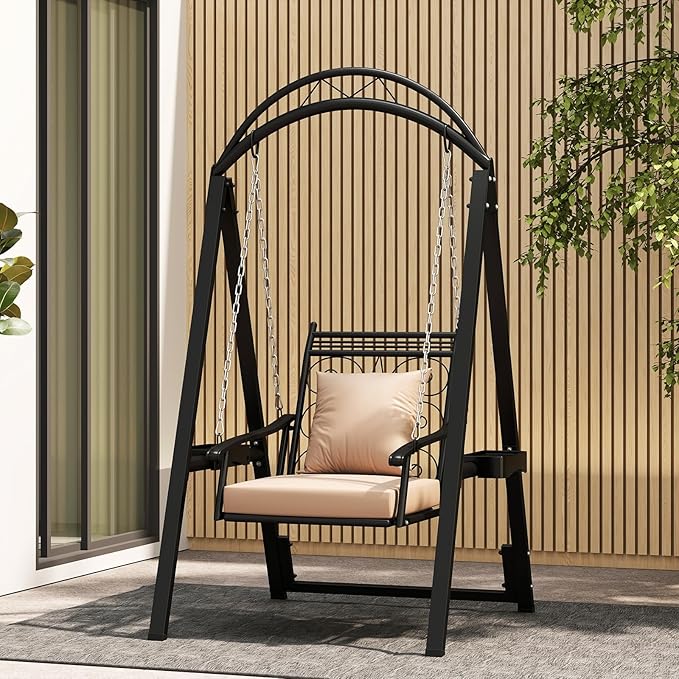 Tangkula Porch Swing with Stand, Outdoor Patio Swing with Heavy-Duty Metal Frame, Removable Cushions, Side Tables, Armrests for Garden, Balcony, Backyard, Poolside